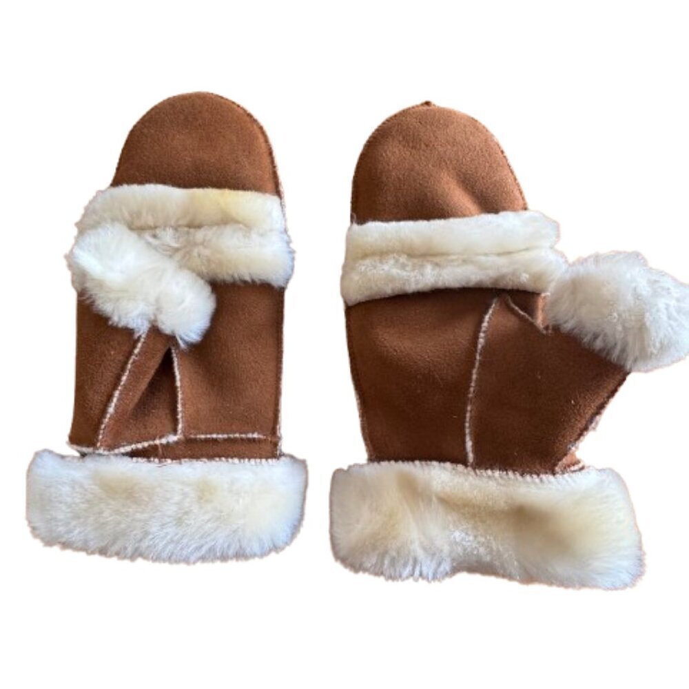 Brown Suede Mittens with Faux Fur Trim, unisex mittens S/M (C42)